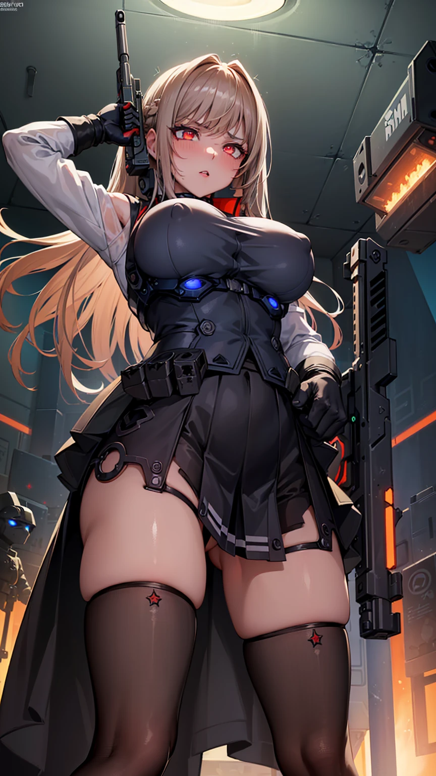 ((highly detailed)), nikke, rapi, perfect human hands, (great breast:1.1),masterpiece, best quality, ultra-detailed, glistening shiny, glowing light, ray tracing, HDR, deph of field, (perfect face, detailed face, detailed eyes,perfect hands,perfect fingeredium :1.2),8k,HD,ultra realistic face,ray tracing,perfect lighting,best quality, ultra-detailed, shiny eyes, ( nervous:1.1, angry:1.1), ((1girl:1.2)),cowboy shot,thicc,streaked_hair,((brown gradient hair)),multicolored eyes, gradient eyes, red eyes, (glowing eyes:1.5), mascara, (fashion make up), (parted lips,blush, detailed face, war scenary, corpses, machines, iron, destruction, robots, fire in the background, dust, weapons, (((sub machine gun in hand:1.4))), warzone,dark blue sky),((super detailed background))),((super detailed background)), dynamic poses, ((8k wallpaper)), (mature female), black thighhighs, gigantic sagging breast, standing, (((nipples))), (((seen from below:1.5))), (((lifting up skirt:1.4))), ((scratch in the breast)), (((injury in the breast))), (((pointing with gun))), (((body scratches)))