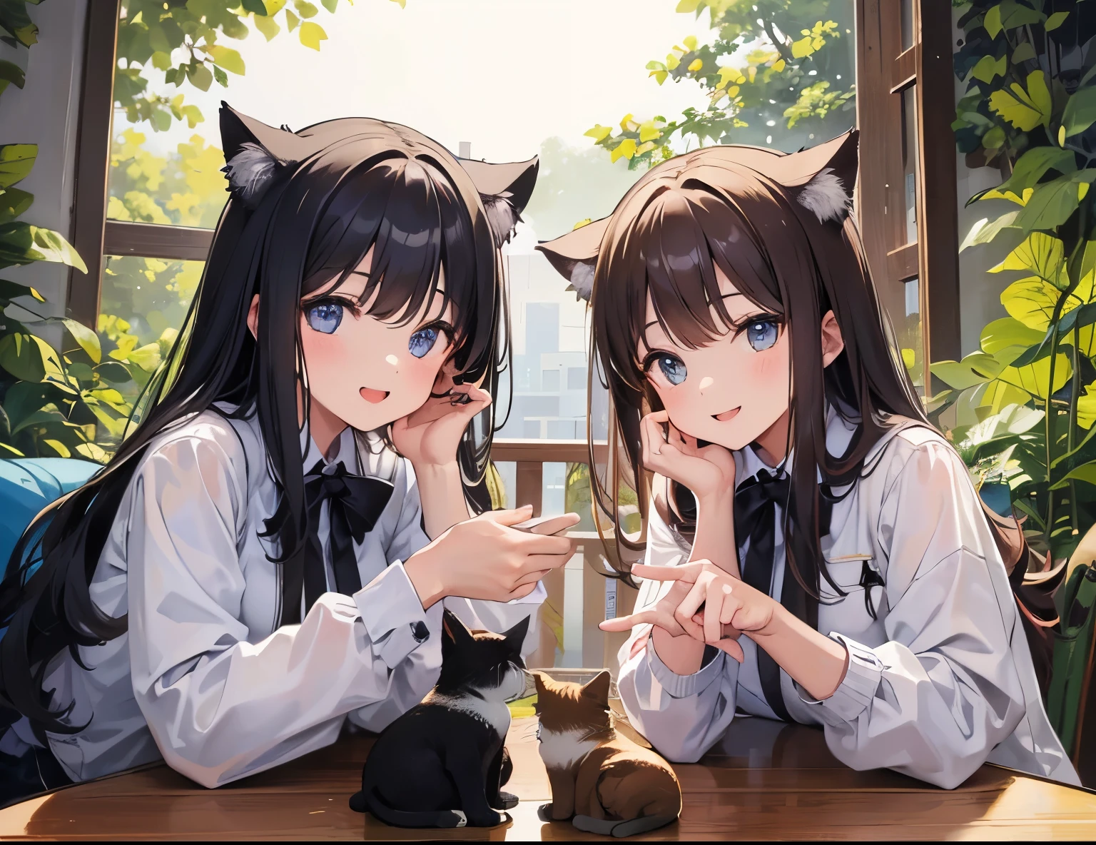 ((Best quality, A high resolution, Masterpiece:1.2)) ,(Clear facial features), (happy smile), two girl play with cats, cat, cats, smile, laugh, happy atmosphere, landscape