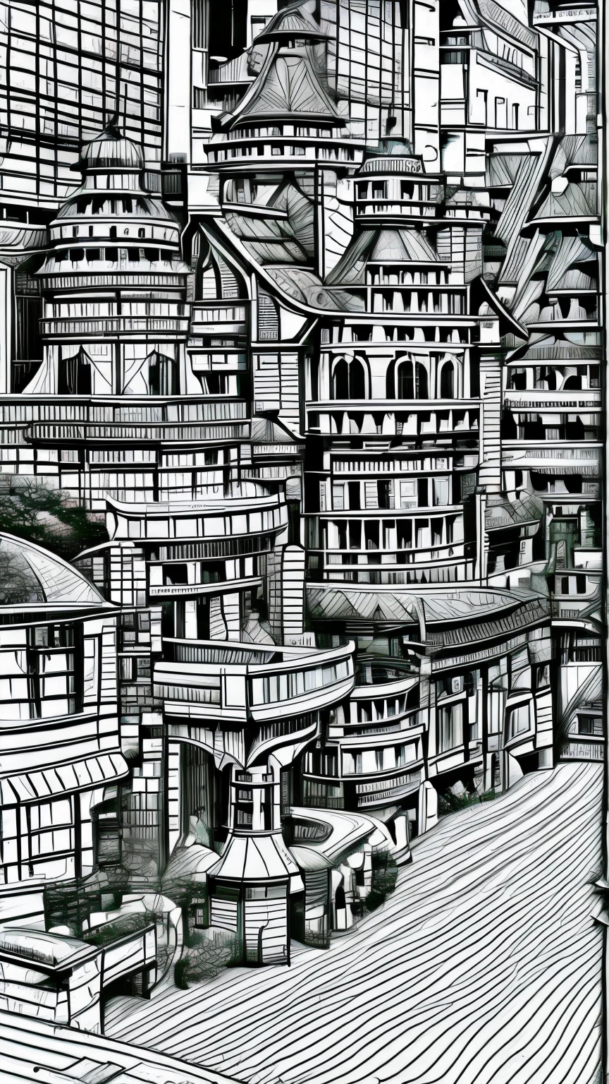 (line art:1.7), best quality, super fine, mysterious and complex buildings in anime, steampunk, dieselpunk, clockpunk, blend art, mixture art, design art, fantasy image, fantastic and mysterious, image-effect