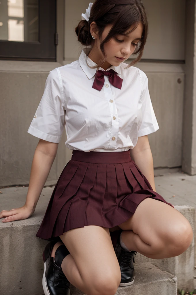 Girl, white button blouse short sleeve, A-line maroon pleated skirt, black shoes, maroon bow tie