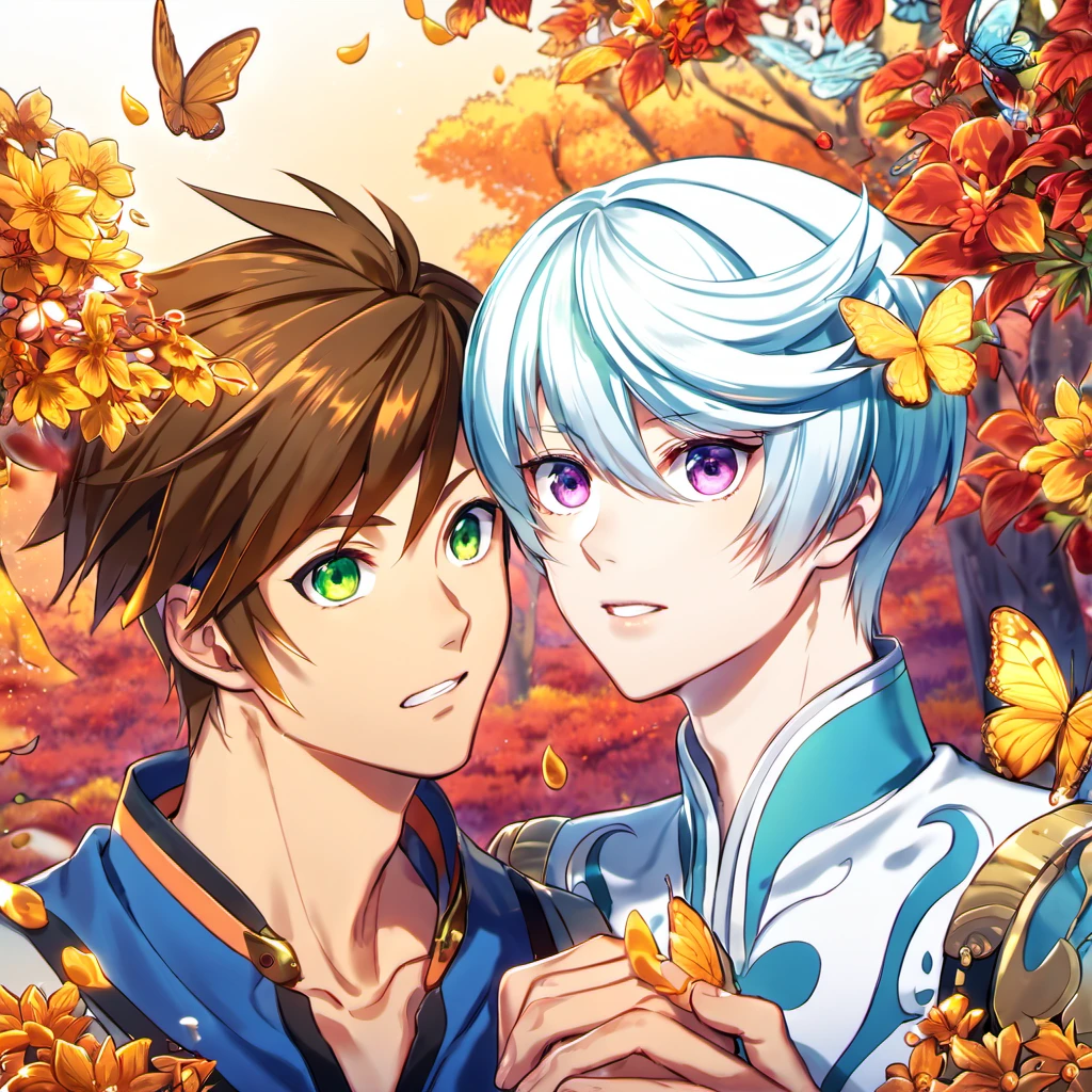 absurdres, highres, ultra detailed, HDR), master piece, best quality, Sorey, brown hair, expressive green eyes, Tales of Zestiria, Mikleo, white hair, expressive purple eyes, 2men together, gay couple, handsome, autumn, golden leaves, petals, flowers, butterflies