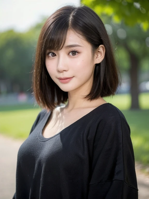 (kawaii 24 year-old Japanese girl, Nogizaka idol, Korean idol), (glossy black hair, pixie cut, very short hair, messy hair, wavy hair:1.3), (bangs), (rounded face, brown eyes, single eyelid, no makeup, soft smiling:1.2), (wearing over-sized sweat shirt, skinny jeans:1.3), flat chest, (looking at viewer:1.2), BREAK, (at tutf in the park background:1.3), (dynamic angle:1.3), BREAK, (masterpiece, best quality, photo realistic, official art:1.4), (UHD, 8K quality wallpaper, high resolution, raw photo, golden ratio:1.2), (shiny skin), professional lighting, physically based rendering, award winning, (perfect anatomy, highly detailed skin, extremely detailed face and eyes), Carl Zeiss 85 mm F/1.4, depth of field, 1girl, solo,