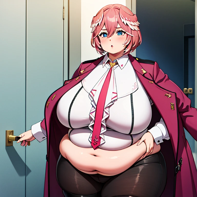 1girl, top heavy figure, (((incredibly big chest))), ((saggy chest)), plump, incredibly plump, ((big belly)), (((big tits))), pout, embarassed, wide, (((obese))), (((fat))), ((love handles)), double chin, out of shape, obese, fatty, tall woman, big bossom, ((milf)), big height, mature, standing, full body, bbw, ssbbw, takane lui, hair wings, blue eyes,hair between eyes, pink hair, long sleeves, necktie, collared shirt, coat on shoulders, dress shirt, black pantyhose, black gloves