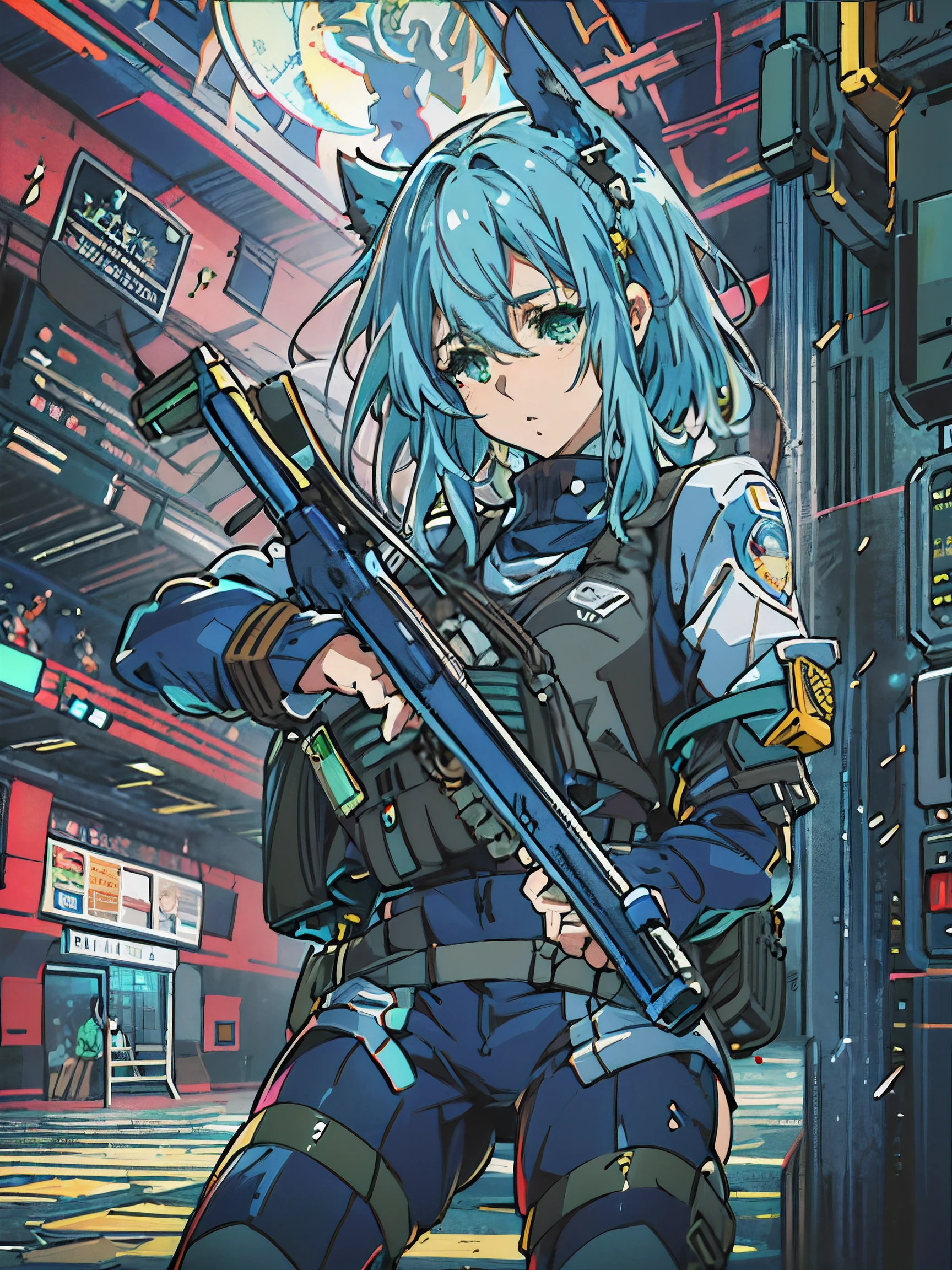 (masterpiece,best quality,ultra-detailed), anime, award winning, ccurate, UHD, textured skin, chromatic aberration, Fujicolor, 1 ponnytail girl using an assult rifle, 13 years old, blue hair, green eyes, wearing a bulletproof vest, going into the enemy base, cyber punk