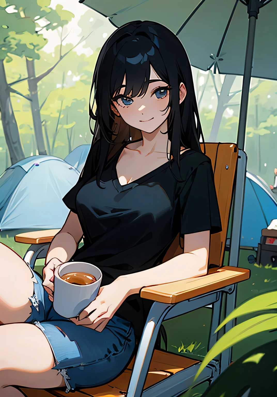 {best quality},sunny、forest、camping、long black hair、woman、Large beautiful breasts、v-neck‐oversized t-shirt、jeanischievous smile、overhead shot、cowboy shot、looking at the camera、Sitting in a camping chair、has a mug in hand