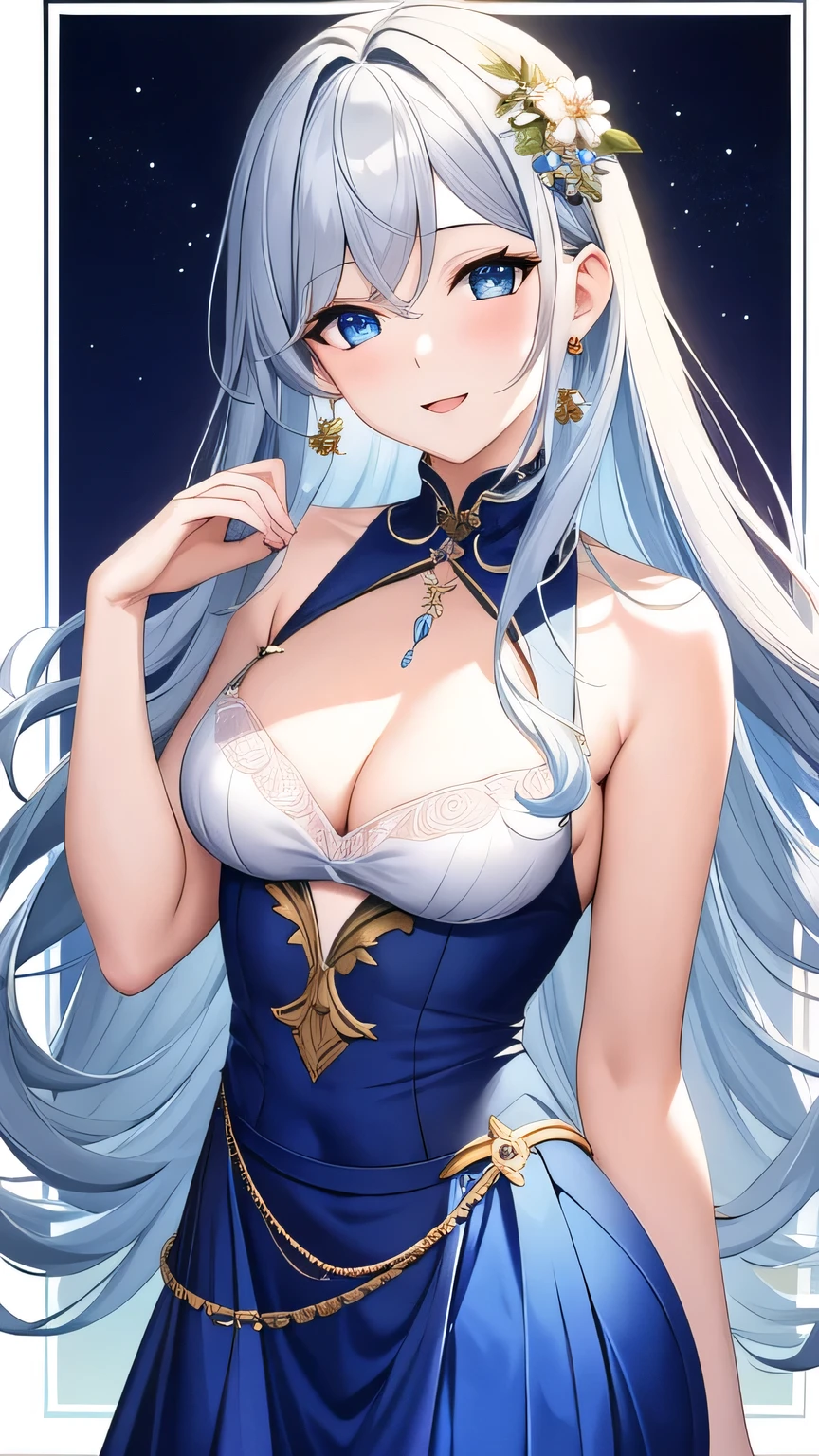 (((masterpiece, super high resolution, ultra HD, 8K quality))), (((woman in light blue colored evening dress / See-through revealing dress))), (((silver hair, updo hair))), (((beautiful sparkling red eyes, pupils with highlights))), ((blunt bangs)), pink lips, sexy expression, ((highly detailed)), (perfectly detailed face), (detailed and carefully drawn hands), (((very large breasts, cute smile))), photorealistic image, silver tiara and earrings, pearl necklace, jade bangle, diamond ring, Beautiful figure from the knees up
