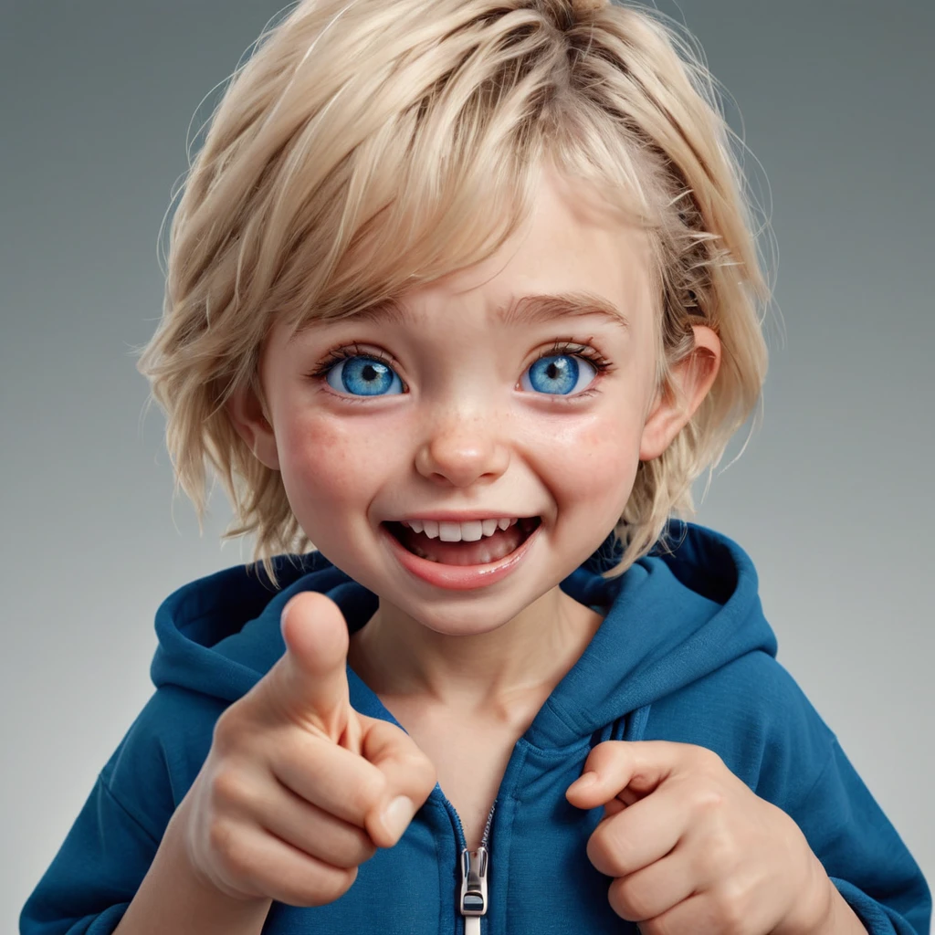 (((happy Smile with open mouth, closed teary blue eyes, small hands holding stomach, pointing small finger))), ((chibi)), portrait, (wide open mouth), blue hoodie, wrinkles near the nose, (simple gray background), girl, Young adult, [Nordic:Icelandic:0.5], age 25, Hourglass body, perfect Olive skin, big Oval Face, Long neck, Rounded shoulders, slim fitness arms, Attached Pointed ears, Short blonde Beach Waves pixie haircut Parting centre hair, snub nose, High Round Narrow cheekbones, Dimpled Cheeks, Rounded Chin, Nude Makeup Look, long eyelashes, third breast size, 8k, vray, IMax, hyperrealism, perfect light, bokeh Carl Zeiss 85mm, small depth of field, photorealistic, masterpiece, high resolution, best quality, cinematic shot, ultra-detailed, super realistic, Hyperrealistic art, high-quality, ultra high res, highest detailed, lot of details, Extremely high-resolution details, photographic, realism pushed to extreme, incredibly lifelike, atmospheric perspective (focus on face), realistic skin, soft light, detailed skin, colourful, soft cinematic light, (perfect skin),