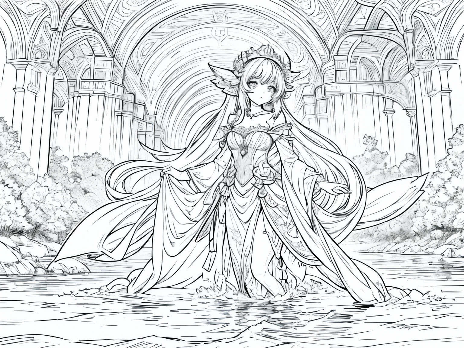 Please generate only the outline or stroke of this drawing so that I can use it in a coloring book: A beautiful nymph walking on the waters of a river
