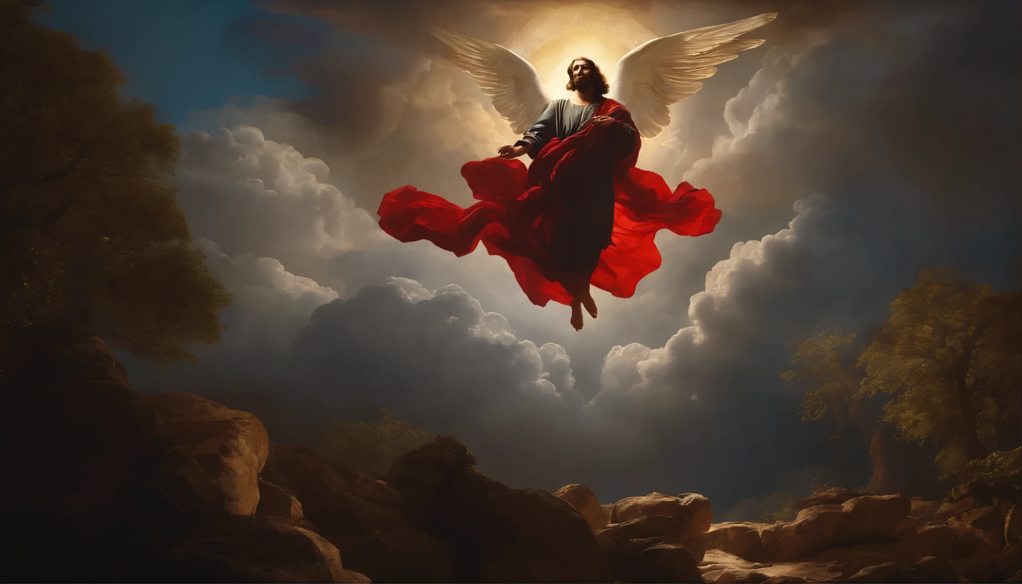 God descends from the sky, A breathtaking masterpiece, Bright colors, caravaggio, 8k