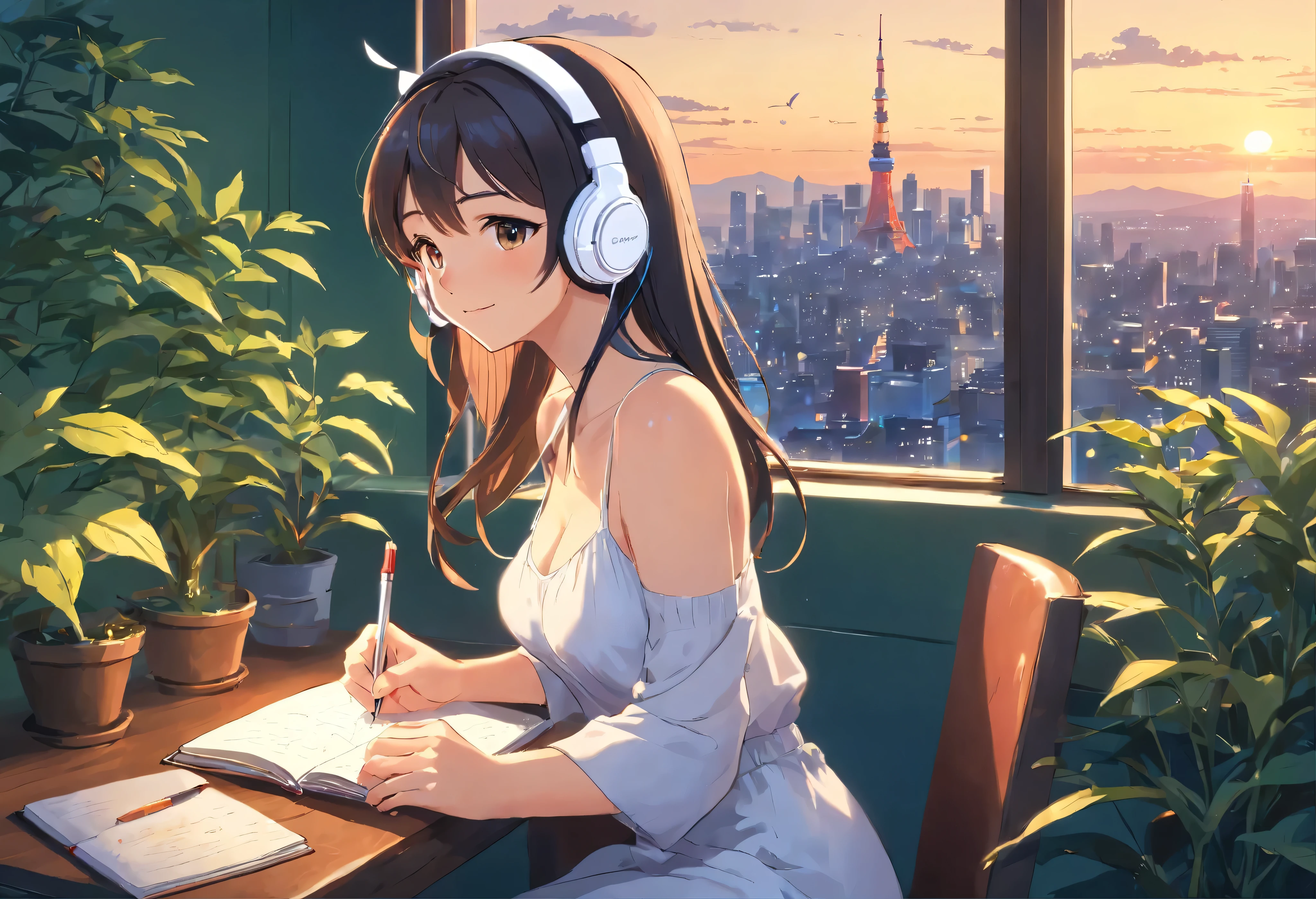 Anime girl with a slender yet feminine figure, (wearing white headphones:1.4), smiling, sitting on a chair, (writing a diary:1.4), holding a pen in her right hand, her left elbow bent with hand slightly raised not holding a pen, short ponytail, black hair, 24 years old, wearing a white fitted and cropped camisole that exposes her midriff and reveals her shoulders and cleavage, (Exposed cleavage:1.3), big breasts G-cup, (revealing skin:1.5), lofi girl anime vibes, lofi artstyle, anime style 4k, anime aesthetic, nightcore, lofi feel, lofi art, anime art wallpaper 4k, anime wallpaper 4k, lofi vibes, surrounded by many potted plants and greenery, creating a soothing green and blue toned space, sitting at a neatly organized desk, a lighted candle on the table, Tokyo view, Tokyo Tower, city view, with a view of a large caldera, at night, smile, anime style, Sony FE GM, masterpiece, best quality, 4K