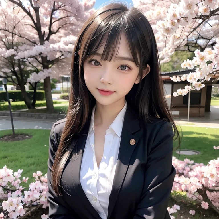 highest quality, High resolution, (realistic:1.2), 1 girl, Japanese beautiful girl, smile, big slit eyes, (big double eyelids:1.5), high definition eyes, plump cheeks, Dimples, light makeup, long black hair, bangs, slender, Are thin, small breasts, , dark blue blazer, (Blazer button open:1.3), White blouse with collar, ribbon tie, white bra, Grey plaid pleated skirt, strong light, Cherry blossom trees, Japanese high school, spring,