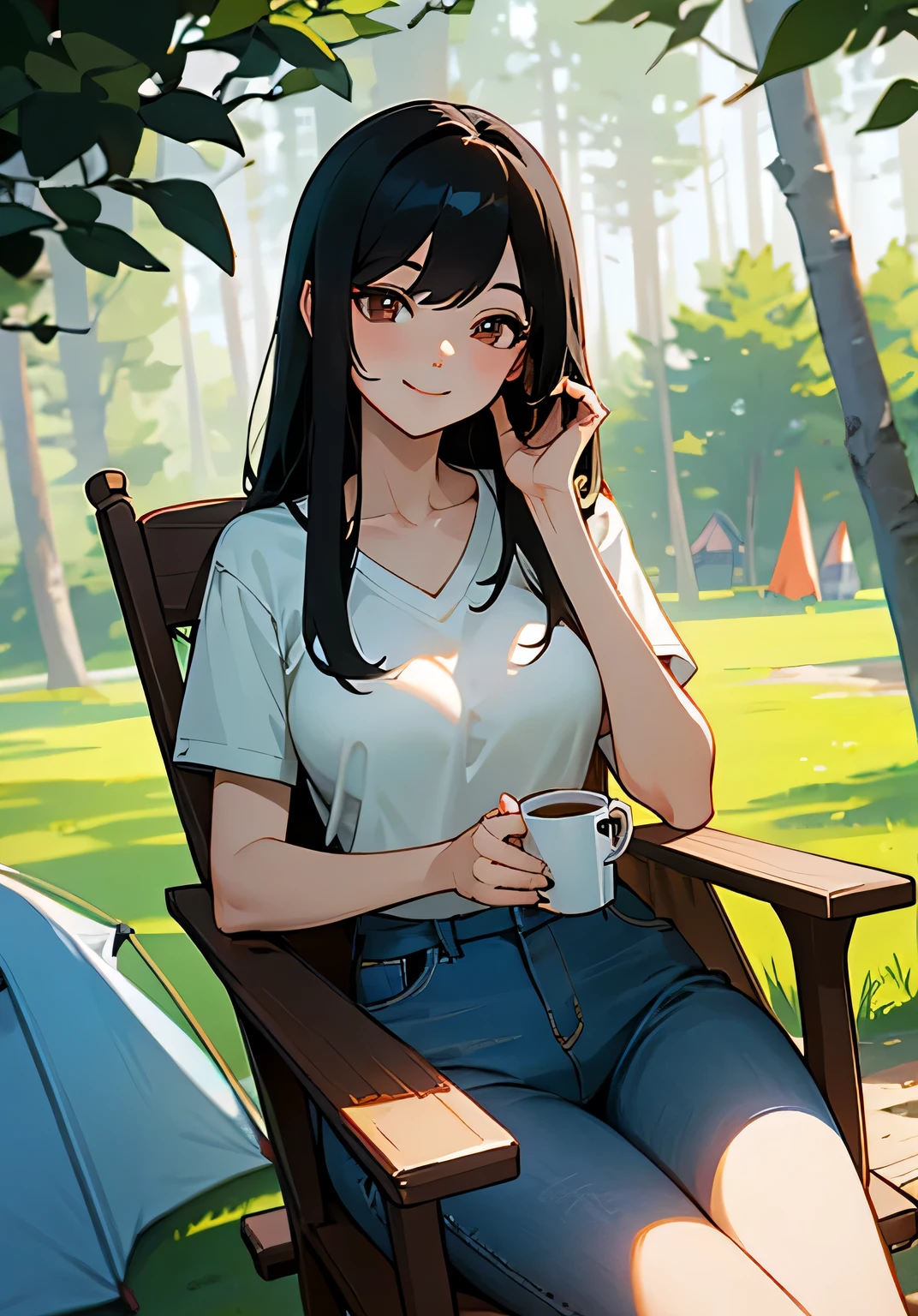 {best quality},sunny、forest、camping、long black hair、woman、Large beautiful breasts、v-neck‐oversized t-shirt、jeanischievous smile、overhead shot、cowboy shot、looking at the camera、Sitting in a camping chair、has a mug in hand