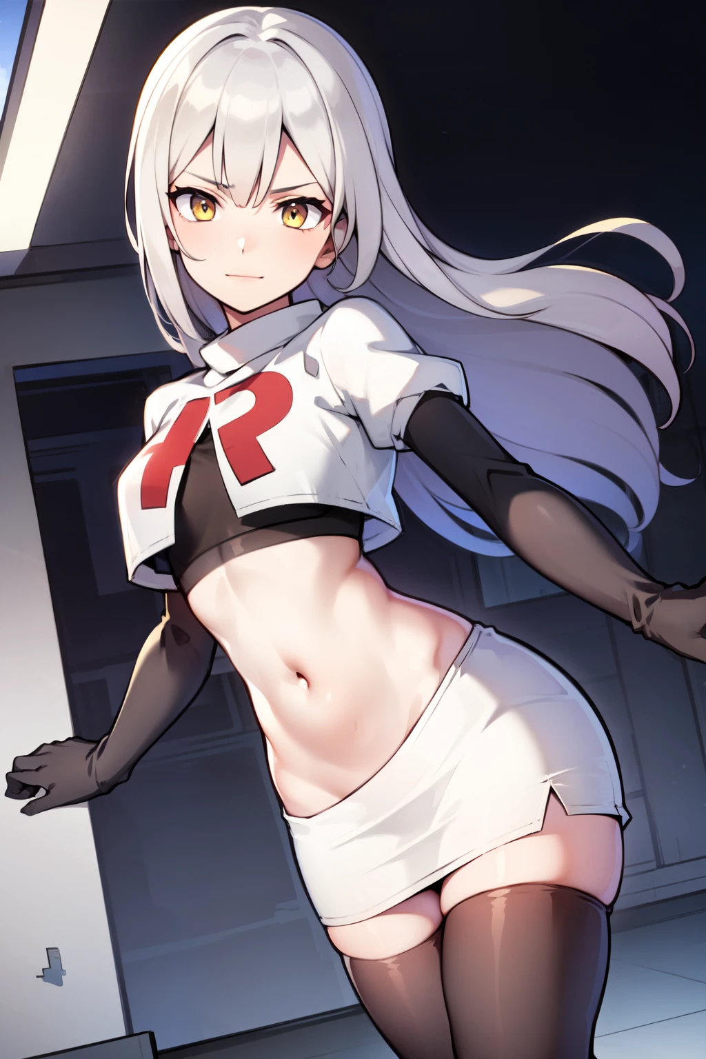 (masterpiece:1.2), (pale skin:1.2), (8k:1.2), (solo:1.2), (female:1.1), (dynamic angle), long hair, gray hair, yellow eyes, team rocket,team rocket uniform,white skirt,red letter R,crop top,black thigh-highs,black elbow gloves