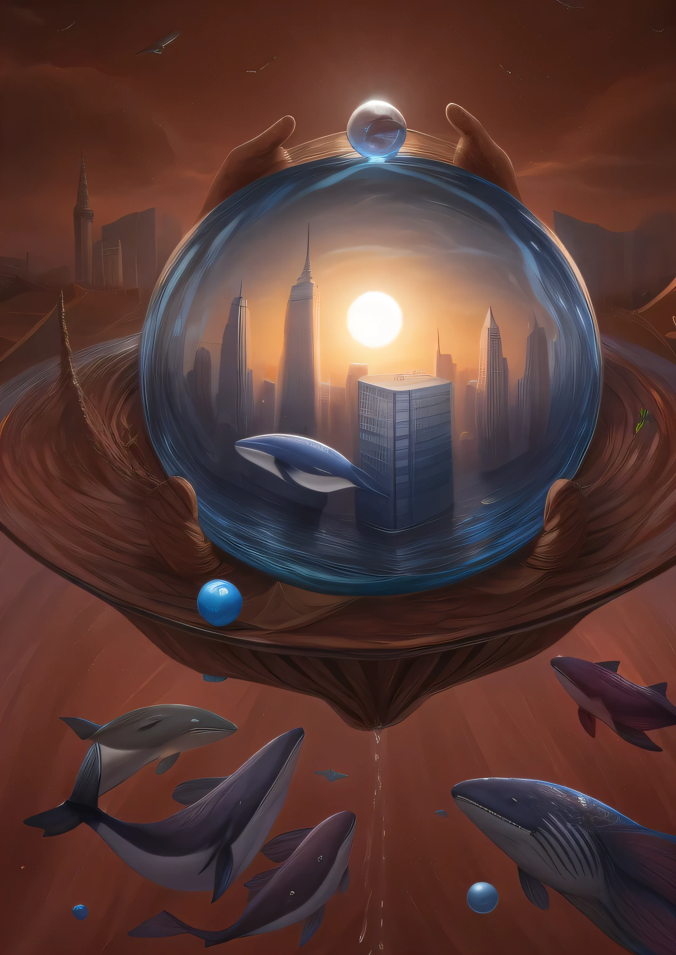 There is a city wrapped in a water ball in the middle,A big hand holds this water ball,Surrounded by small fish and two whales,There are schools of fish all around