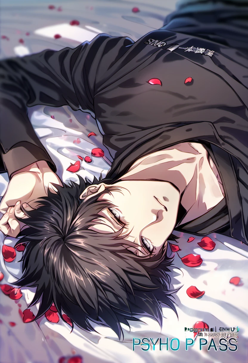 Ultra detailed, Highres, absurdres, HDR, Kougami Shinya, black hair, silver eyes, black clothes, Psycho-Pass, 1 man only, petals, lying in a bed, handsome,