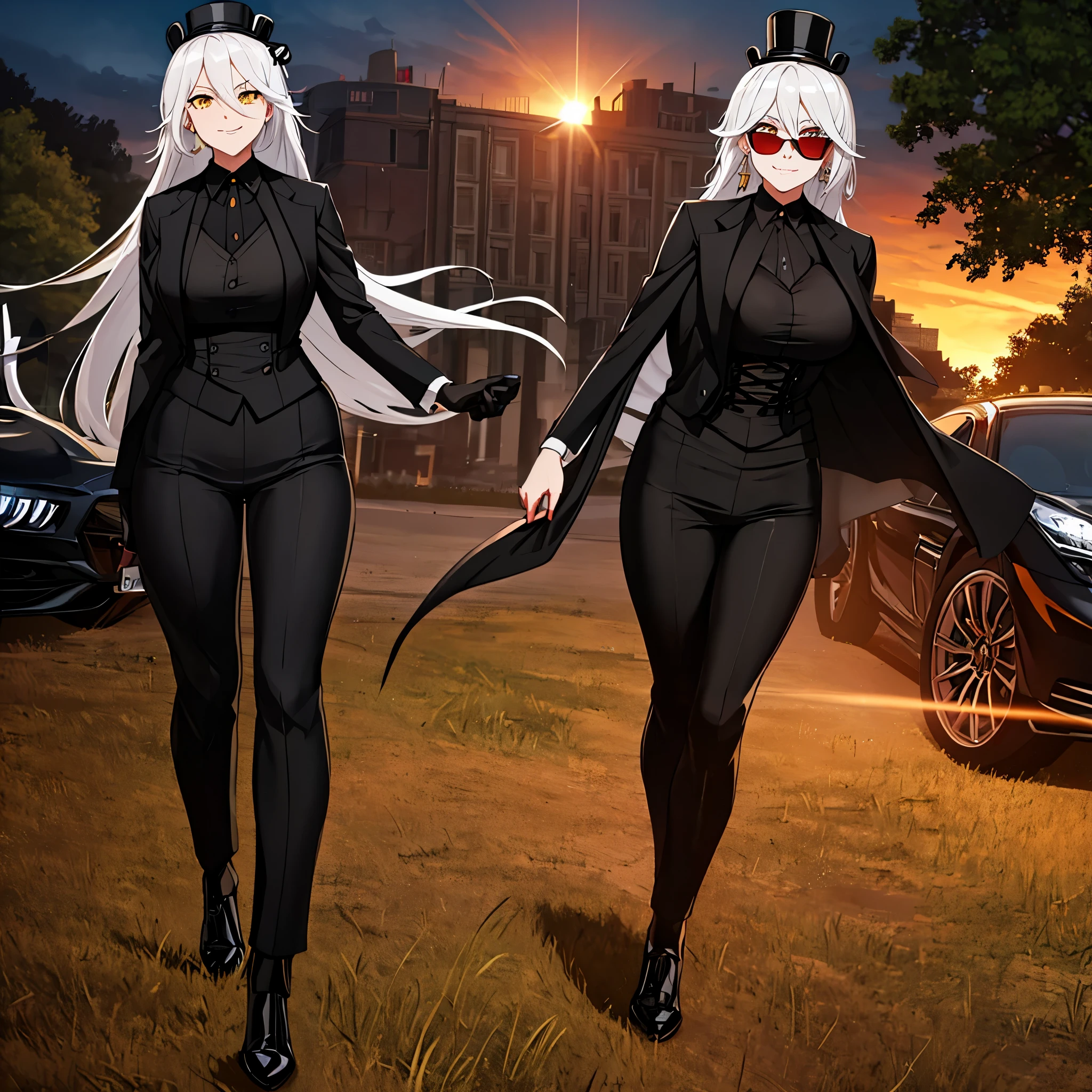 A woman wearing a black suit, tight black pants, black top hat, sunglasses, walking through a city at sunset, cars moving on the track, forest in the background, smiling, silver hair, red fringe, yellow eyes, smiling,HDR, ultra resolution, well defined, masterpiece, 8K HD.
