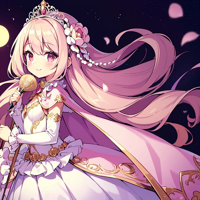 (kawaii),(best quality),(ultra detailed),(rococo style),(long train pastel pink cape:1.15), very long cape,(long train white ball gown with flower decorations:1.1), a girl is wearing a cape over her gown,(she has a western style fan:1.05), 1 princess, tiara, smile, very long hair, small breasts, beautiful detailed eyes, beautiful detailed lips