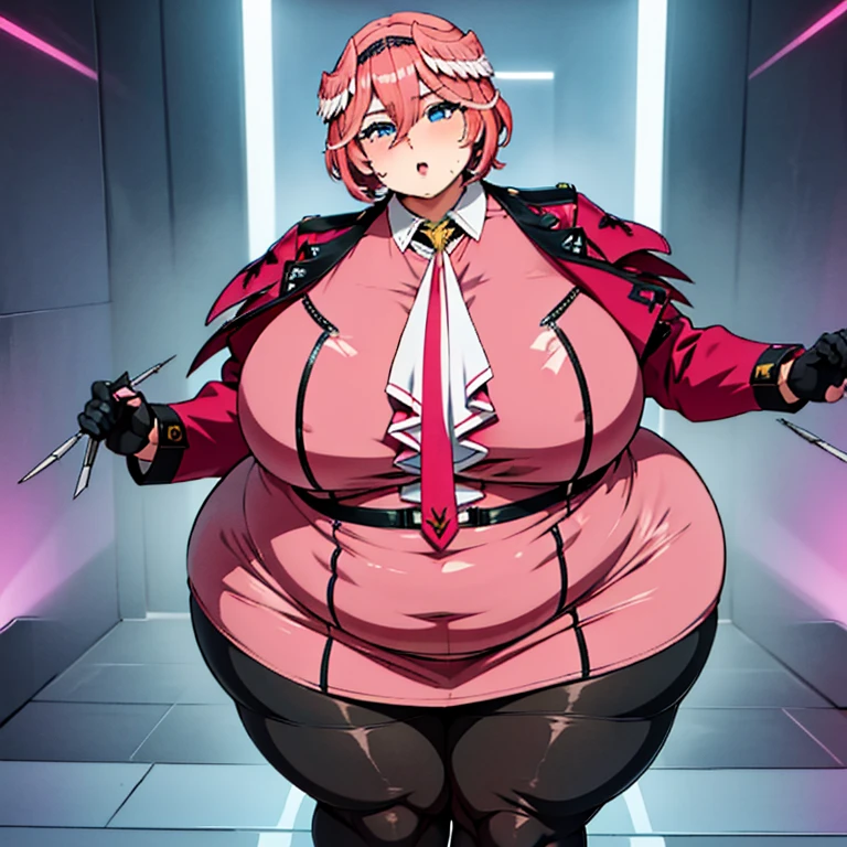 1girl, top heavy figure, (((incredibly big chest))), ((saggy chest)), plump, incredibly plump, ((big belly)), (((big tits))), pout, embarassed, wide, (((obese))), (((fat))), ((love handles)), double chin, out of shape, obese, fatty, tall woman, big bossom, ((milf)), big height, mature, standing, full body, bbw, ssbbw, takane lui, hair wings, blue eyes,hair between eyes, pink hair, long sleeves, necktie, collared shirt, coat on shoulders, dress shirt, black pantyhose, black gloves