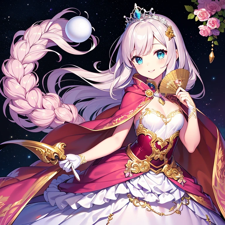 (kawaii),(best quality),(ultra detailed),(rococo style),(long train pastel pink cape:1.15), very long cape,(long train white ball gown with flower decorations:1.1), a girl is wearing a cape over her gown,(she has a western style fan:1.05), 1 little princess, tiara, smile, very long hair, small breasts, beautiful detailed eyes, beautiful detailed lips