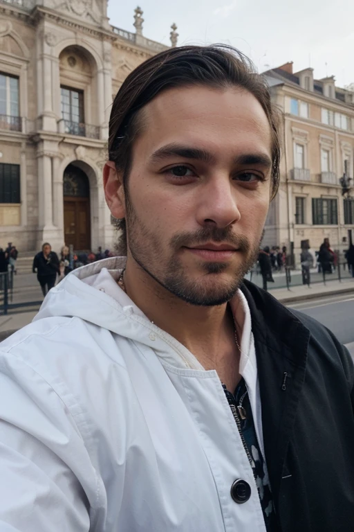 Selfie of a man in front of the Royal Palace of Madrid at 3 pm. Homem branco com barba rala, cabelos pretos curtos, olhos castanhos. Jaqueta azul para frio, rosto bem detalhado e sorrindo.