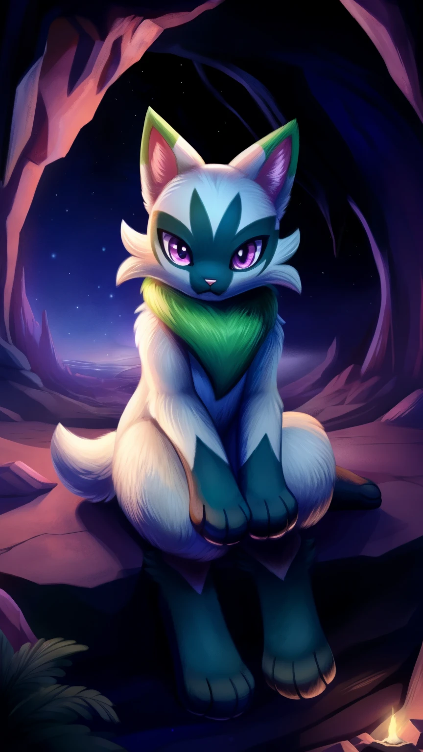 Floragato, furry pokemon, cat, feet, Only, (Body fur:1.2), (Best quality), (Detailed fluffy fur:1.1), Animal hands, tail, shiny, female, purple eyes, solo, cave background,sitting, night, neutral expression