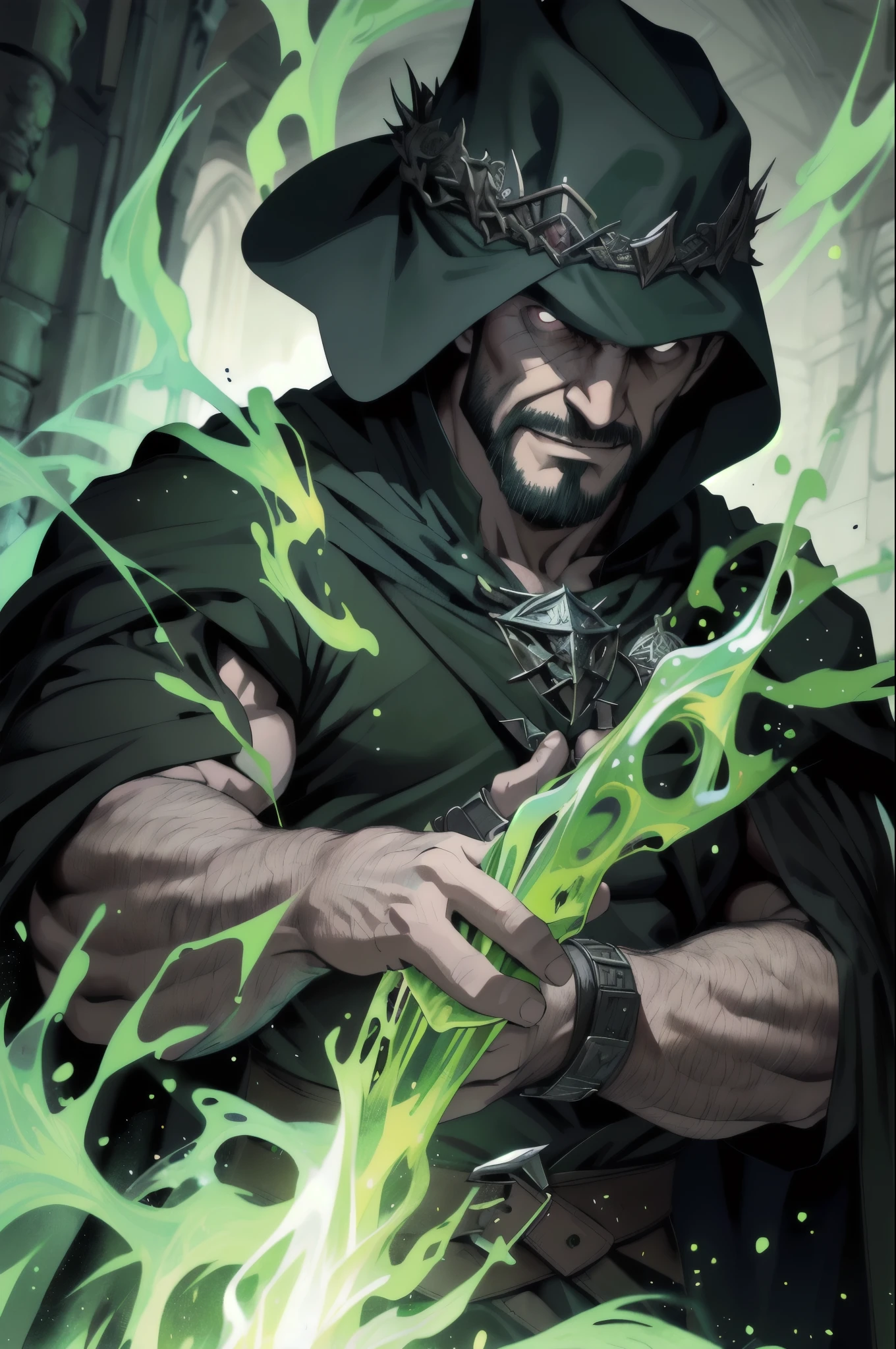 Best quality, masterpiece, super high resolution, detailed background, realism, hadesstyle, solo, male, mature, bara, muscular, mature male, short hair, facial hair, wizard, necromancer, green fire, horror \ (theme\), dark fantasy, evil, cape, depth of field