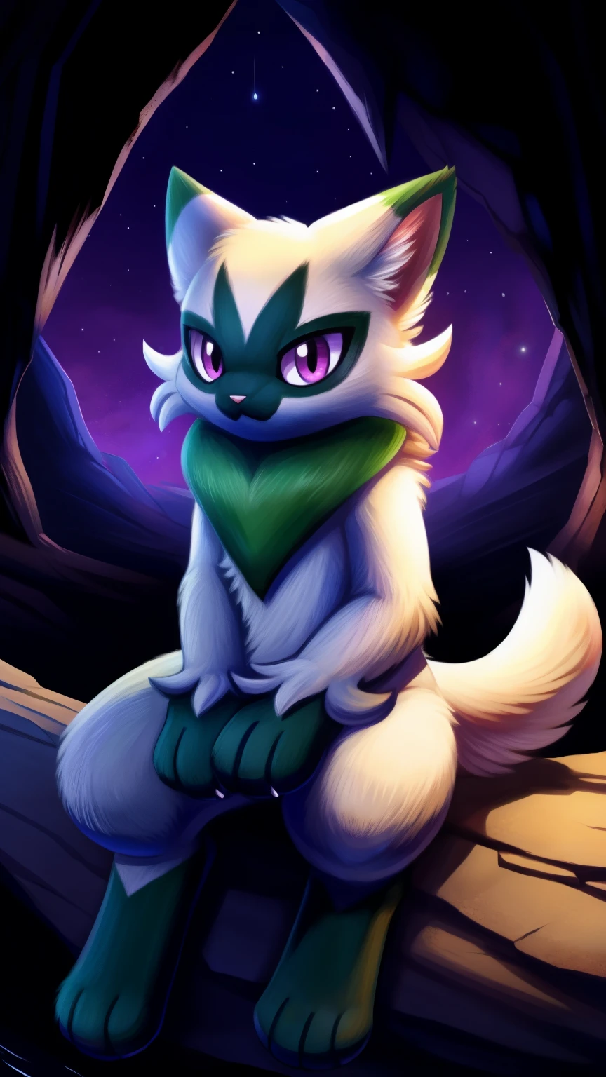 Floragato, furry pokemon, cat, feet, Only, (Body fur:1.2), (Best quality), (Detailed fluffy fur:1.1), Animal hands, tail, shiny, female, purple eyes, solo, cave background,sitting, night, neutral expression