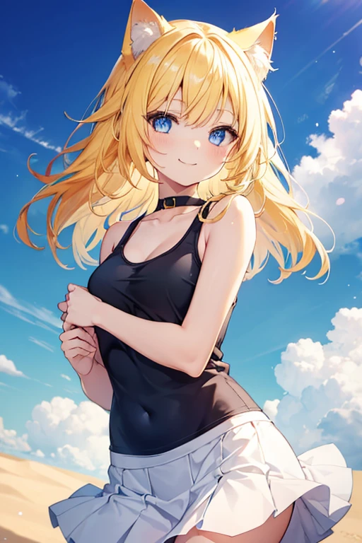 1girl, cat mustache, cat ears, blue tank top, white tight skirt, medium breasts, yellow hair, open forehead, medium hair, happy smile, blue eyes