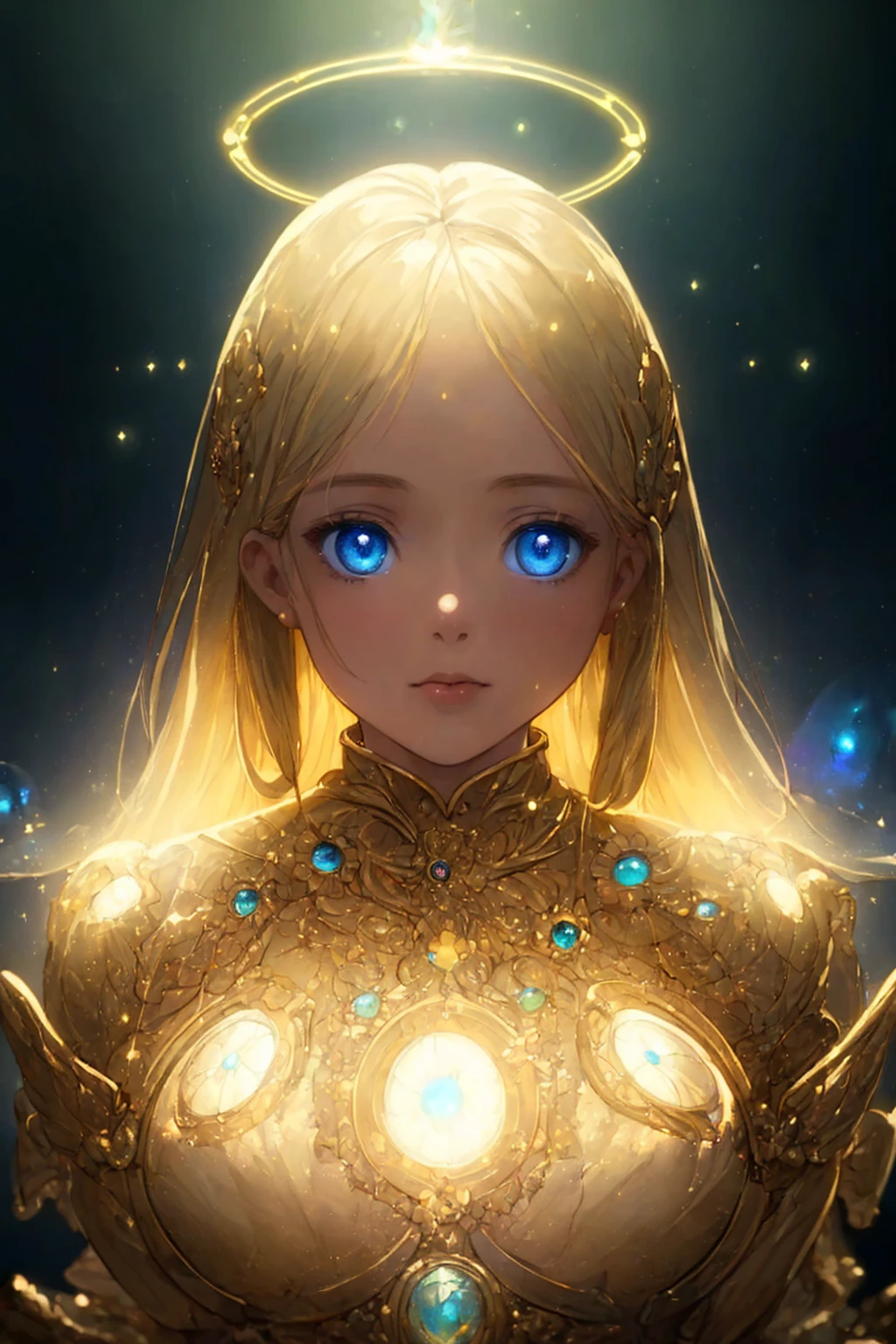 ((best quality)), ((masterpiece)), ((realistic)), portrait,
1girl, celestial, deity, goddess, light particles, halo, looking at viewer, blue eyes, gold hair,
(bioluminescent:0.95), vibrant, colourful, color, (glowing, glow),
(beautiful composition), cinematic lighting, intricate, (symmetrical:0.5), whimsical,