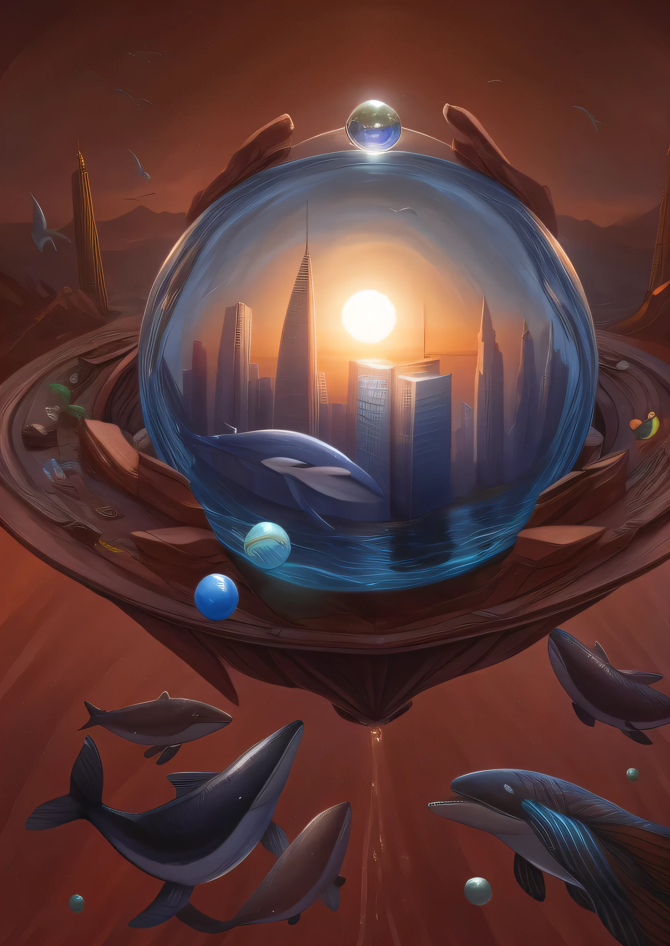 There is a city wrapped in a water ball in the middle,A big hand holds this water ball,Surrounded by small fish and two whales,There are many fish around