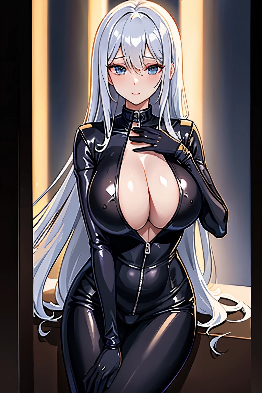 , High resolution, 1 lady, alone, hip lift, look at the audience, (Detailed face), white hair, long hair, fat, roam\(jumpsuit\), A woman in a black suit and latex suit poses for a photo close up,huge breasts,Breast comes fully exposed,No clothes on, cyberpunk japanese goddess, Huge bust, sexy body, black latex, Show belly,Exposes the skin all over the body,sexy pose, Realistic perfect figure, latex leather, 黑色紧身jumpsuit, black latex suit, Sexy hot body, Superbly detailed eyes,Open coat,Transparent underwear,