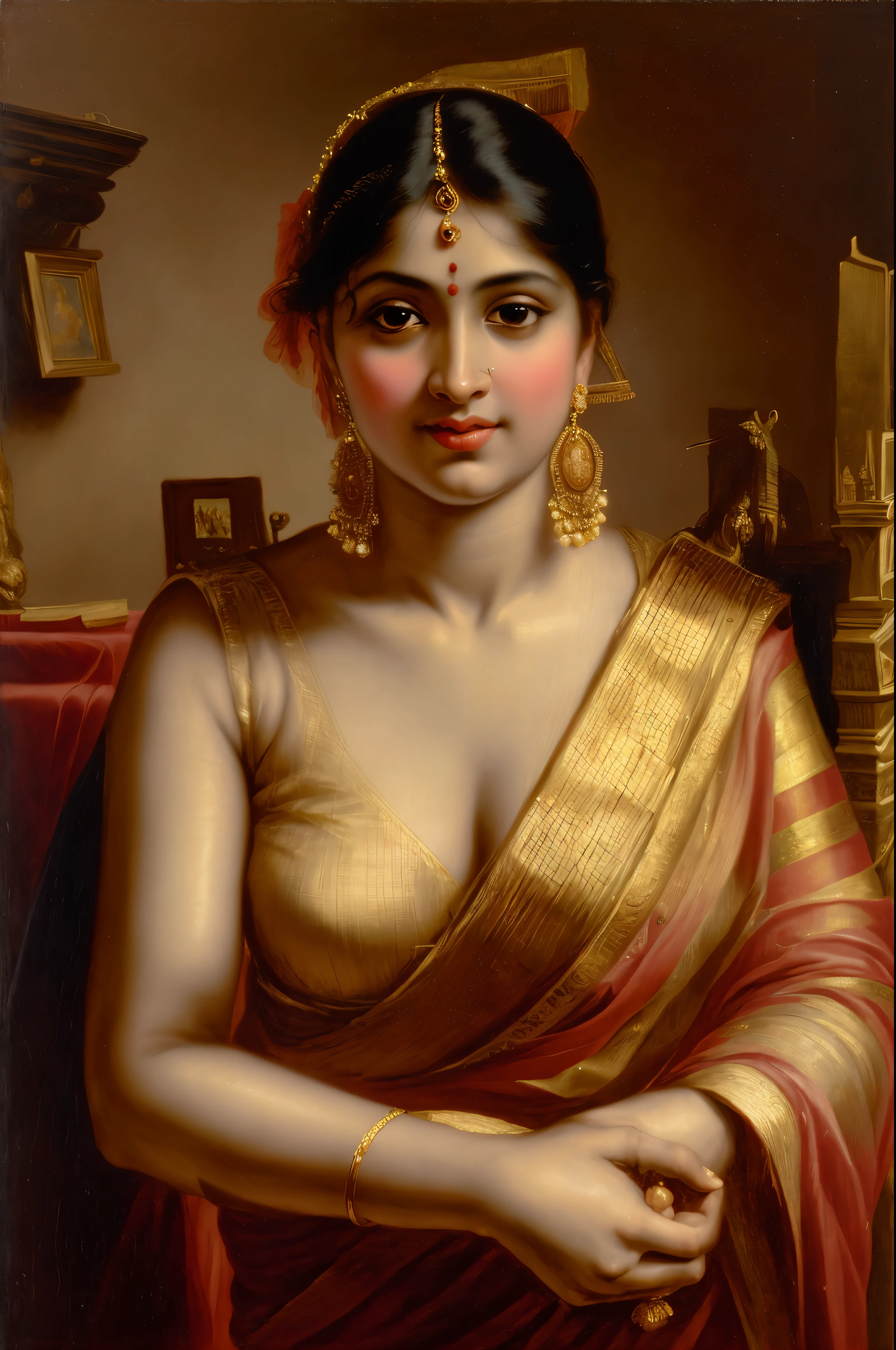 Beautiful Indian Woman, wearing saree, sari Beauty, gorgeous, Apsara, Maharani, royal queen woman, nymph from Hindu Mythology, Urvashi, matchless beauty, Highly detailed, Oil Painting by Peter Paul Rubens inspired by Raja Ravi Varma, Matchless beauty, captivating, gorgeous, heavenly beauty, celestial beauty, by Peter Paul Rubens, 13, realistic, hyper realistic, micro details, incredible artwork, insane details, ultra High resolution, 8k, 32k, acrylic on canvas, intricate, flawless, detailed, detailed face, detailed eyes, masterpiece, by Peter Paul Rubens, by Caravaggio, by William Adolphe bouguereau, perfect face, perfect body, beautiful art, realism, baroque, renaissance Art, highly textured, beautiful and detailed eyes, uhd, best quality,