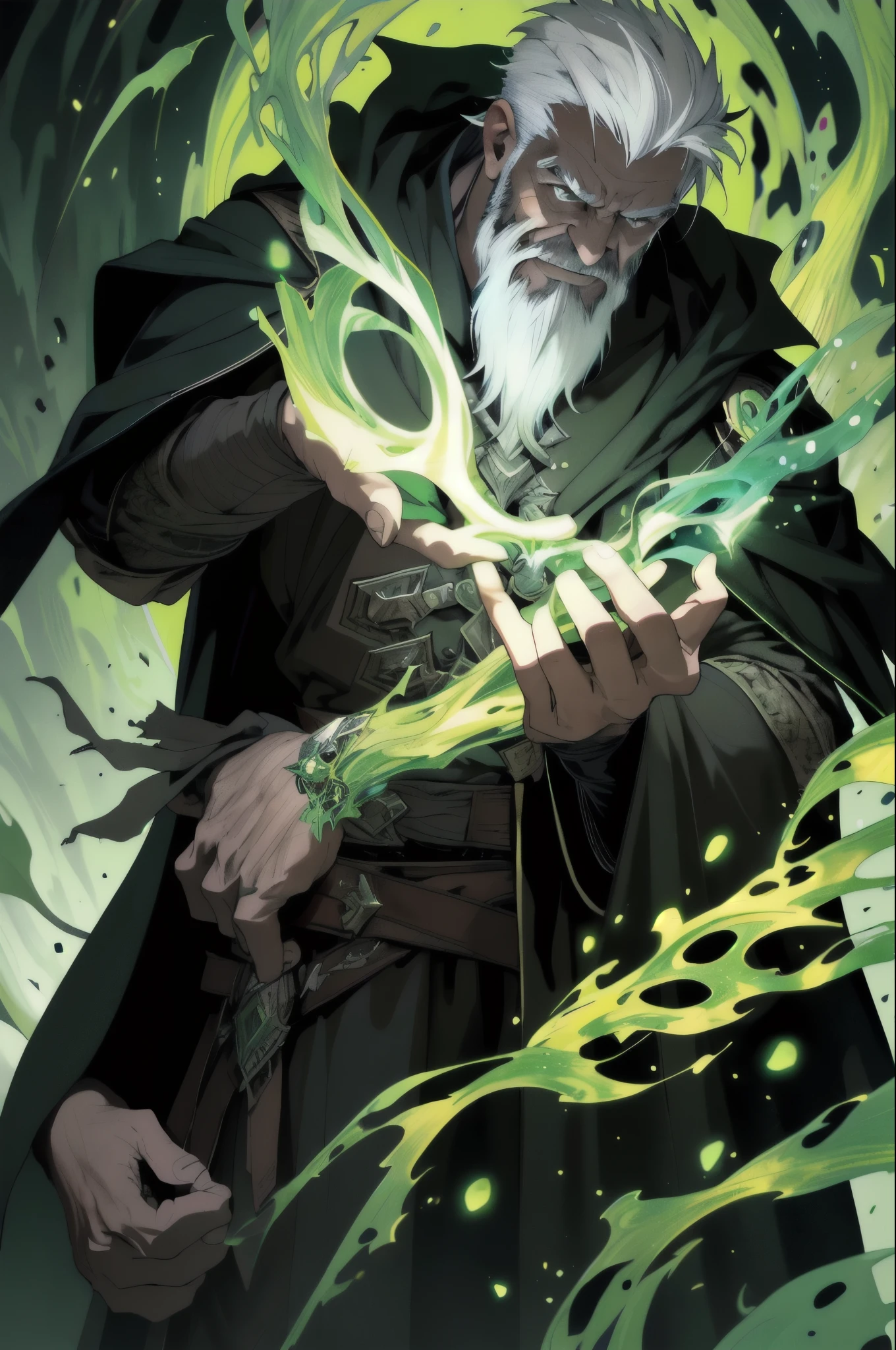 Best quality, masterpiece, super high resolution, detailed background, realism, hadesstyle, solo, male, mature, bara, muscular, mature male, short hair, facial hair, wizard, necromancer, green fire, horror \ (theme\), dark fantasy, evil, cape, depth of field