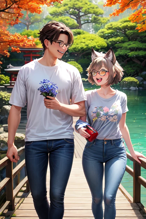 You can create a drawing of a gray lynx man with black spots with yellow eyes and glasses anthropomorphic humanoid furry holding a blue flower facing a blushing woman furry anthropomorphic gray cat with light eyes abundant laughing brown hair wearing a white t-shirt and jeans walking on a bridge of wood on a lake oriental zen japanese garden background