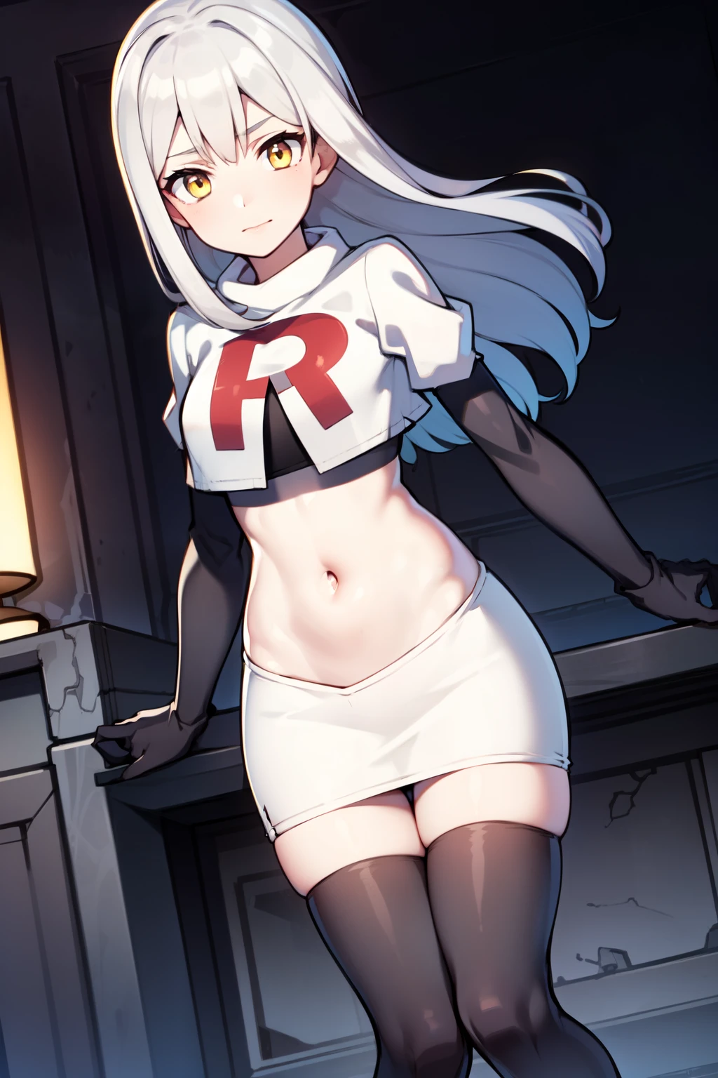 (masterpiece:1.2), (pale skin:1.2), (8k:1.2), (solo:1.2), (female:1.1), (dynamic angle), long hair, gray hair, yellow eyes, team rocket,team rocket uniform,white skirt,red letter R,crop top,black thigh-highs,black elbow gloves