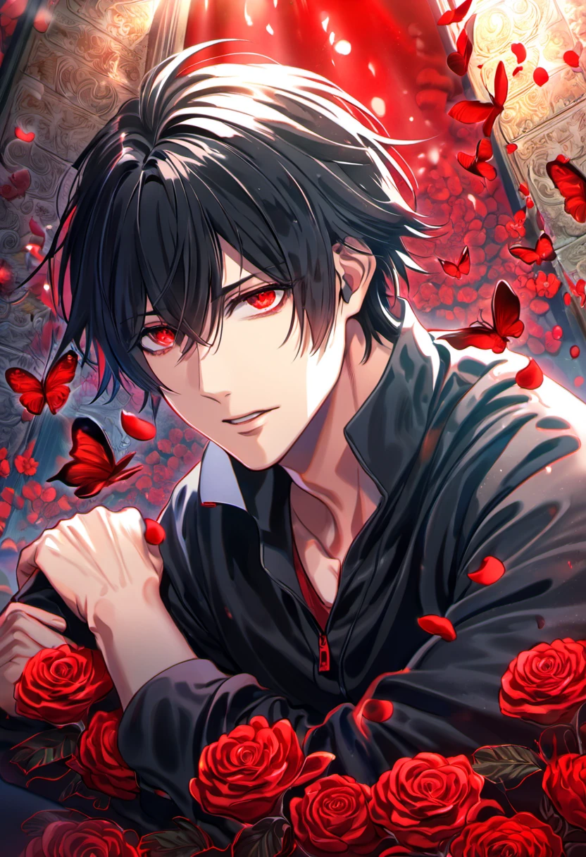absurdres, highres, ultra detailed, HDR), master piece, best quality, Shin, black hair, expressive red eyes, 1man, handsome, Amnesia, red petals, red flowers, red butterflies