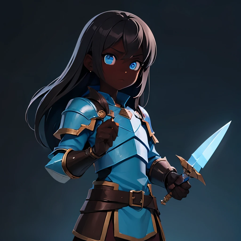 small tomgirl, dark skin, blue eyes, long brown hair, leather armor, holding small daggers in his hands, blue adornments, blue gradient background