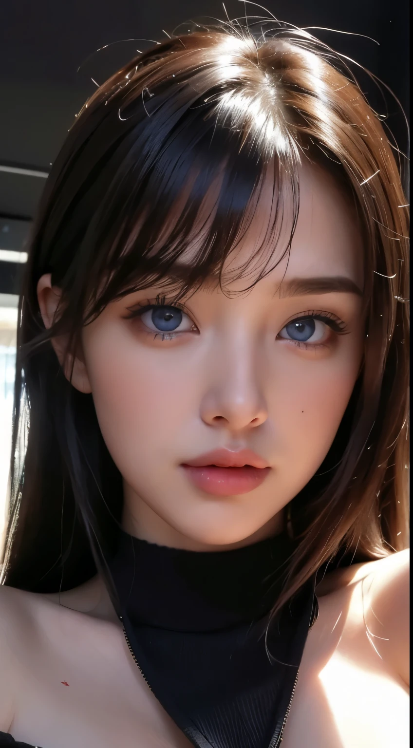 masterpiece, best quality, ultra-detailed, facing the camera head on, intricately detailed hyperdetailed, realistic, sharp features, highly detailed, sharp focus, perfect face, perfect face, perfect symmetrically perfect eyes, perfect full lips, flexible female form, cinematic, film light, hyper detailed, hyper realistic, masterpiece, atmospheric, high resolution, vibrant, dynamic studio lighting, nsfw, ((Dark background)), Sexy face, Facial expressions when receiving pleasure, straight Bangs, Big breasts, Exposed cleavage, blue Eyes,black sweater, cowboy shot,