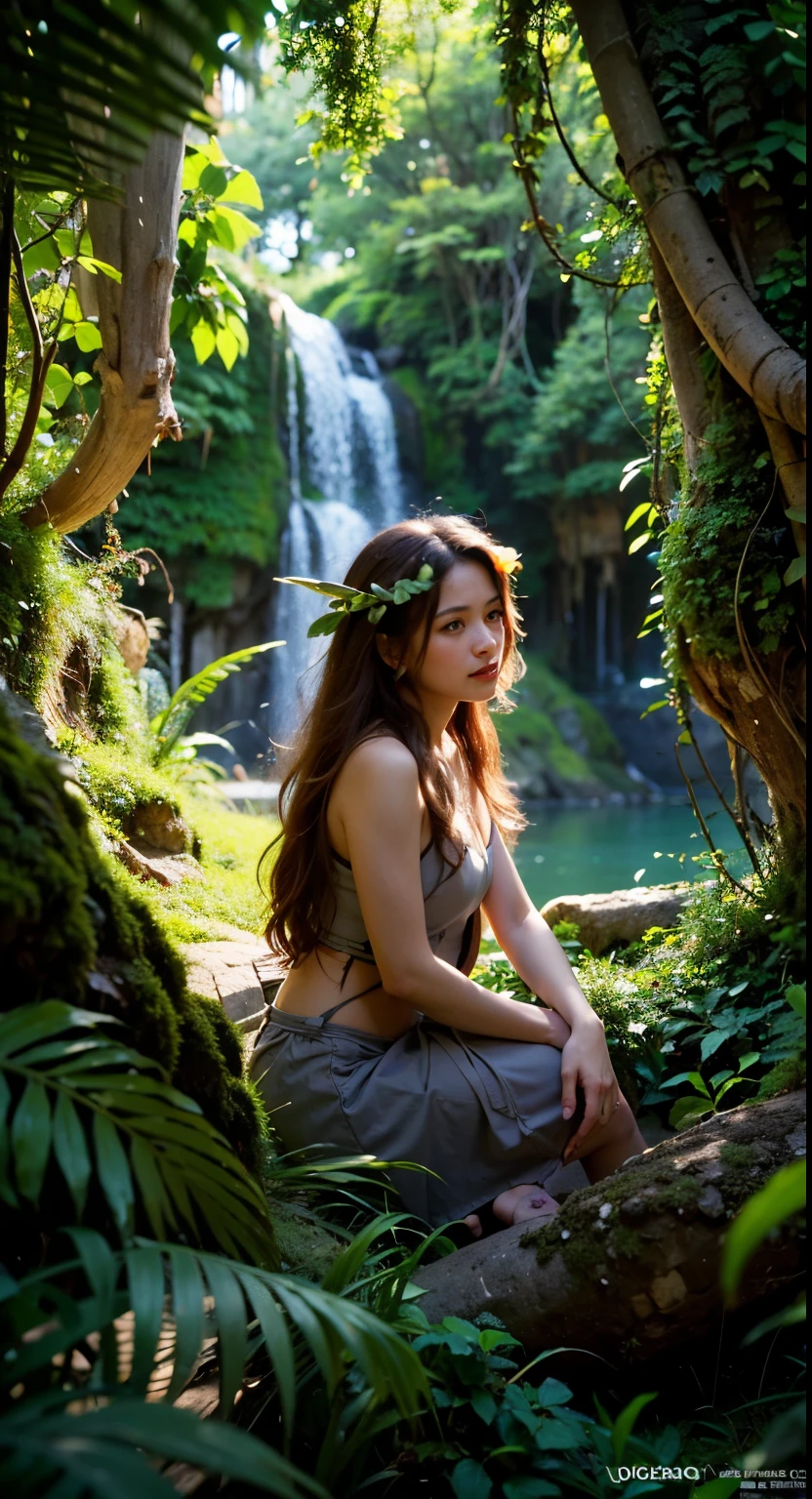 (best quality, highres, ultra-detailed, photorealistic:1.37), cavegirl, beautiful detailed eyes and face, long eyelashes, flowing long hair, primitive clothing, serene expression, stunning landscape, lush greenery, vibrant flowers, crystal clear water, glowing sunlight, dramatic shadows, prehistoric animals, cave paintings, intricate patterns, mesmerizing textures, ancient atmosphere
