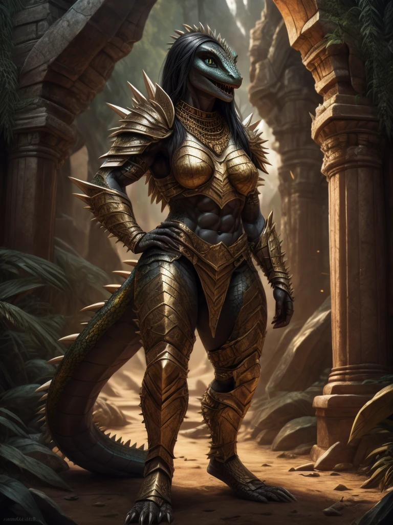 Masterpiece, best quality, 8k, cinematic lighting, hyper-realistic, Portrait, woman transformed into female lizard, black hair, scale skin, muscular female, detailed eyes, big eyes, Detailed mouth, bright smile, sharp nails, small breasts1.5, (spiky armor, Shoulder armor, gold), necklace, Big butt, hands on hips, (lizard tail, tail upright), standing on the ruins, rainforest