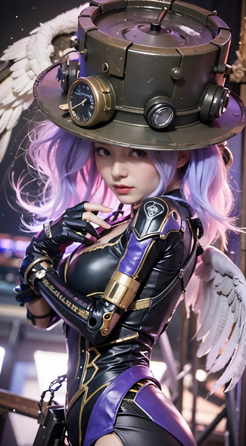 (top-quality:1.2, masterpiece)、ultra high resolution、extremely ultra surrealism, (Photorealsitic:1.4)、Raw photo、(Steampunk Battle Cyborg fallen angel)、large wings made of metal、black porcelain body、red hair、glowy skin、1 Cyborg girl、(mechanical frame:1.3)japanese, extremely cute face, ((super realistic details))、portrait、globalillumination、Shadow、octan render、8K、ultrasharp、character edge light、Details of complex ornaments、Acrylic Clear Cover、Sumerian details、Hydraulic cylinder、Small LED lamp、highly intricate detail、Realistic light、a purple eye、radiant eyes、Facing the camera、neon details、cowboy shot、Futuristic headgear、About Cyberpunk