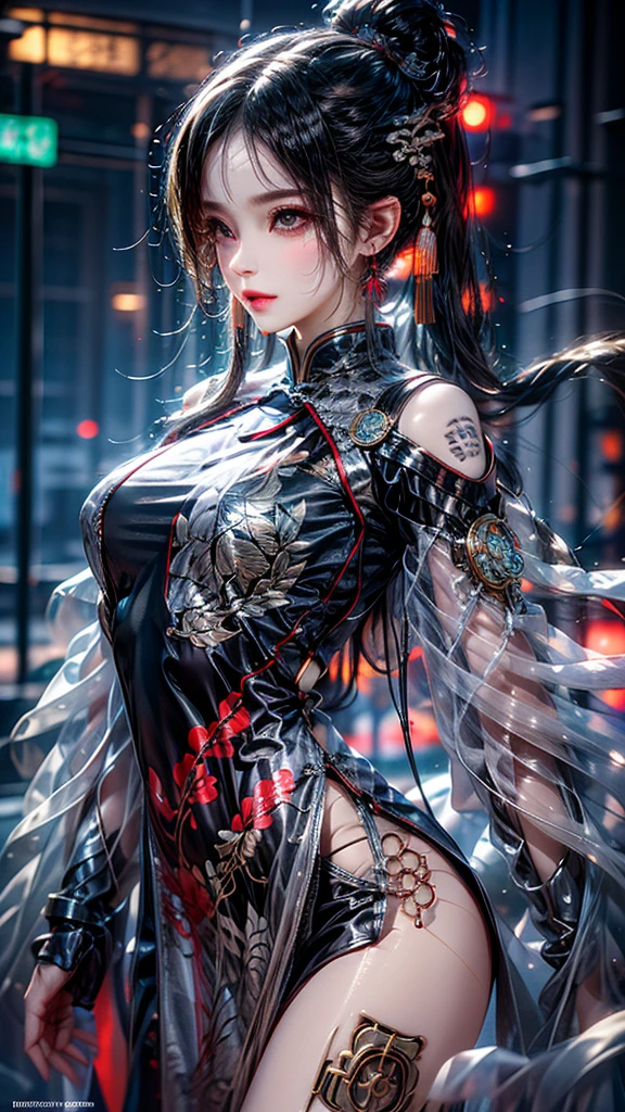 photorealistic, high resolution, 1women, mature female, solo, hips up, jewelry, tattoo, white hair, long hair, make up, pink lips, cyber wear, cyberhanfu, cheongsam, chinese_clothes, cyberpunk 2077 style, cyborg, mechanical body parts, night city, neon lights