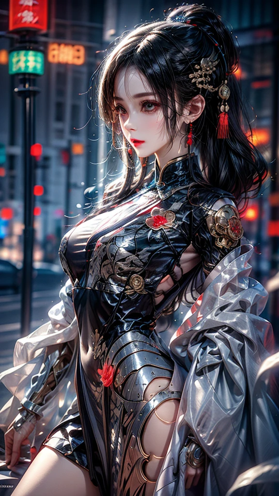 photorealistic, high resolution, 1women, mature female, solo, hips up, jewelry, tattoo, white hair, long hair, make up, pink lips, cyber wear, cyberhanfu, cheongsam, chinese_clothes, cyberpunk 2077 style, cyborg, mechanical body parts, night city, neon lights