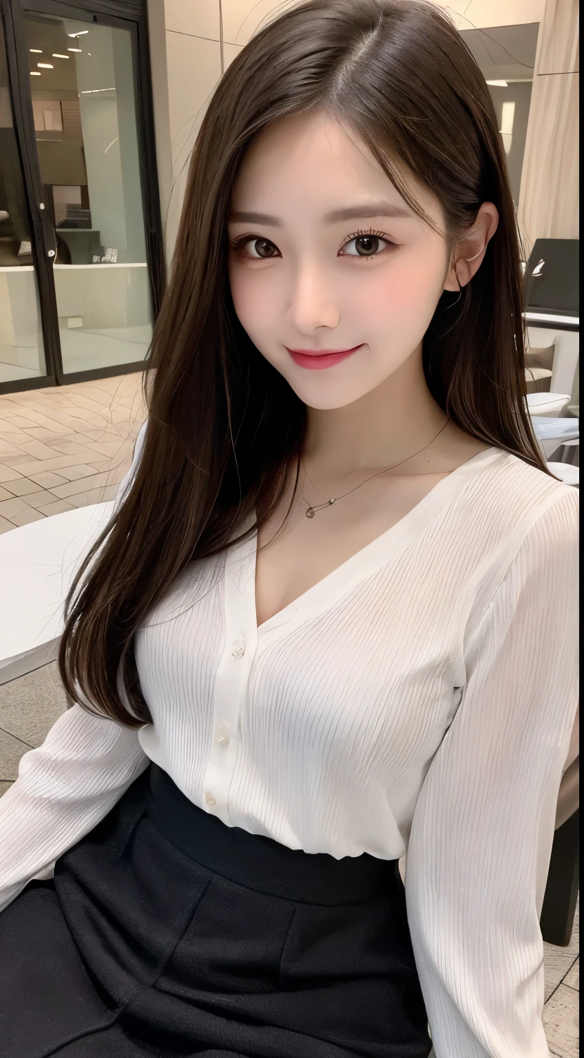 table top, highest quality, shape, Super detailed, finely, High resolution, 8k wallpaper, 完璧なダイナミックな構shape, beautiful and detailed eyes, Nice spring clothes,beautiful straight hair,small breasts,natural color lip, 20 year old girl、cute、sexy shot looking at camera,Always blur the background,perfect and beautiful face,Beautiful and dense face、slim face and style,Big eyes、Do gal makeup,real photos(best image quality)、sexy face、Fashion magazine model pose、full body shot、smile、Trendy fashion models for spring 2024(long sleeve)、smile、shirt blouse(black)、mini skirt