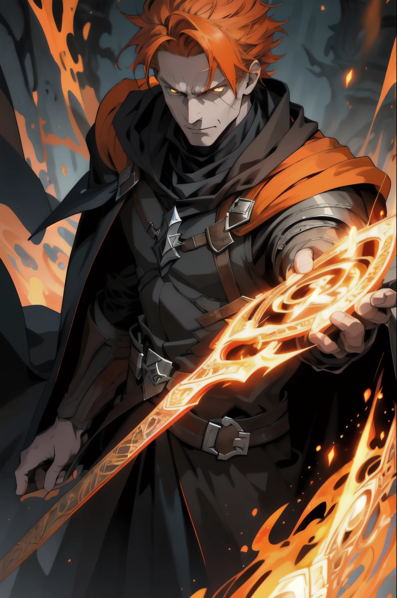 Best quality, masterpiece, super high resolution, detailed background, realism, hadesstyle, solo, young male, mature, orange hair, iron floating, handsome male, short hair, wizard, necromancer, shiny eyes, yellow eyes, horror \ (theme\), dark fantasy, evil, cape, depth of field