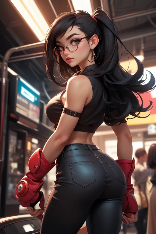 tiro grande angular, Rear view, linda lutadora de rua feminina, wearing big glasses, cabelo preto cortado, using large steel knuckles