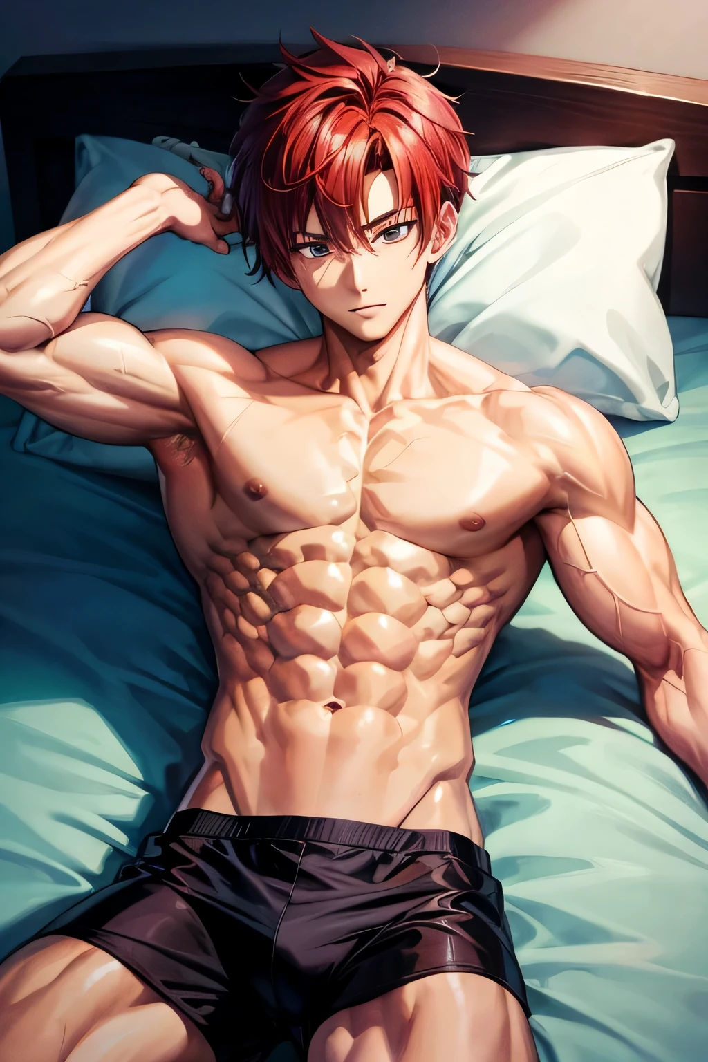 Anime guy without top With red hair Muscular, 6 pack abs Lying on the bed