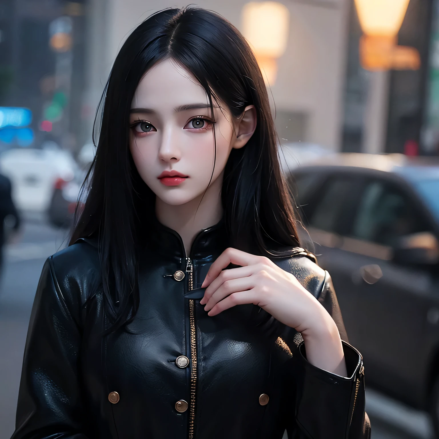 Beautiful girl with realistic black eyes, pale skin, medium length black hair, perfect face, perfect eyes, wearing a coat, very detailed, comprehensive movie, digital painting, 8K, cinematic lighting, highest quality, High resolution, Fine work, Post-processing, perfect result, surreal