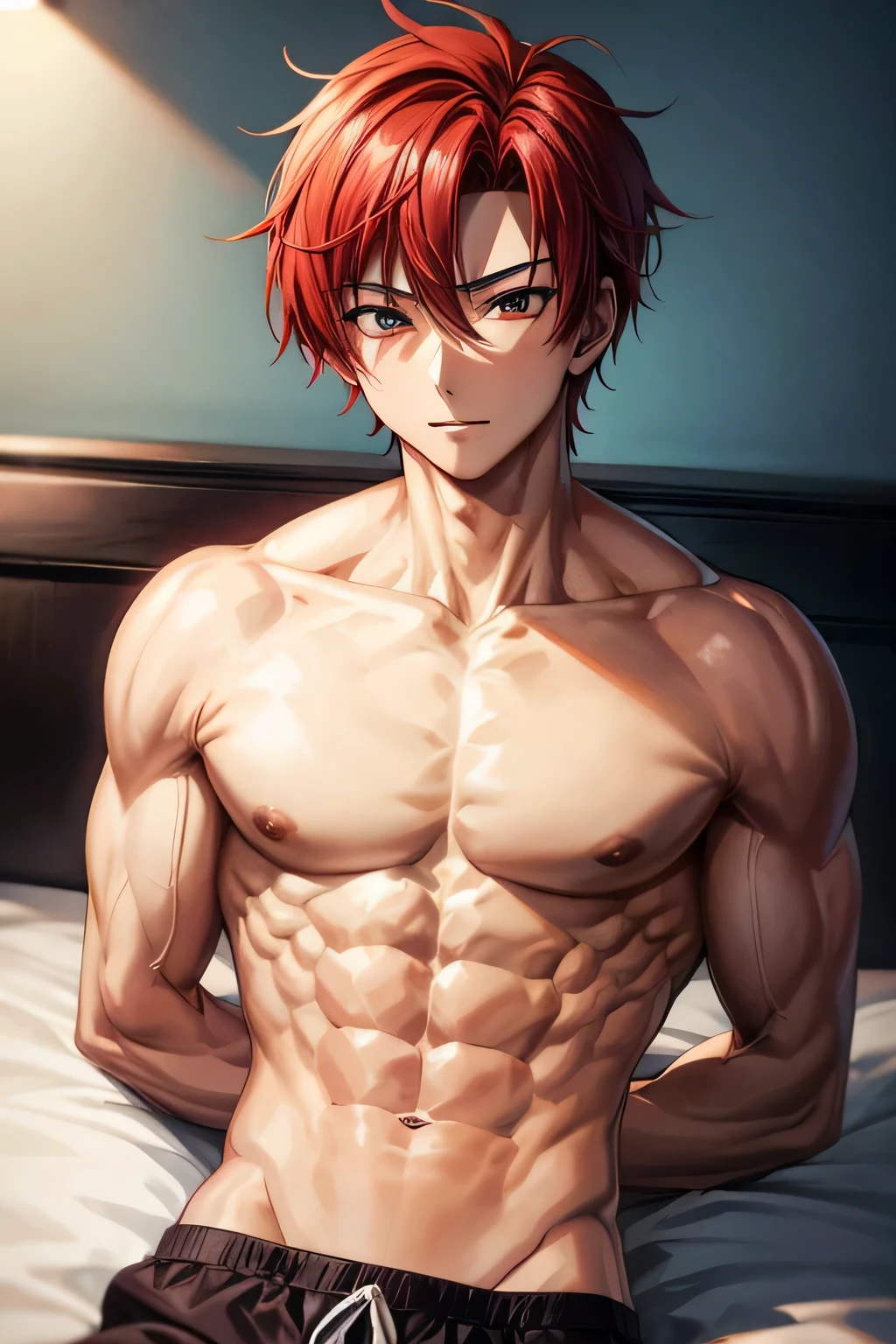 Anime guy without top With red hair Muscular, 6 pack abs Lying on the bed