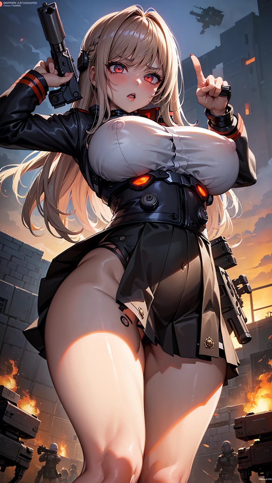 ((highly detailed)), nikke, rapi, perfect human hands, (great breast:1.1),masterpiece, best quality, ultra-detailed, glistening shiny, glowing light, ray tracing, HDR, deph of field, (perfect face, detailed face, detailed eyes,perfect hands,perfect fingeredium :1.2),8k,HD,ultra realistic face,ray tracing,perfect lighting,best quality, ultra-detailed, shiny eyes, ( nervous:1.1, angry:1.1), ((1girl:1.2)),cowboy shot,thicc,streaked_hair,((brown gradient hair)),multicolored eyes, gradient eyes, red eyes, (glowing eyes:1.5), mascara, (fashion make up), (parted lips,blush, detailed face, war scenary, corpses, machines, iron, destruction, robots, fire in the background, dust, weapons, (((sub machine gun in hand:1.4))), warzone,dark blue sky),((super detailed background))),((super detailed background)), dynamic poses, ((8k wallpaper)), (mature female), black thighhighs, gigantic sagging breast, standing, (((nipples))), (((seen from below:1.5))), (((lifting up skirt:1.4))), ((blood in the breast)), (((injury in the breast))), (((pointing with gun)))